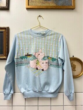 1986 Caribe Sportswear Light Blue Sweatshirt with 3D Print Pigs Design, Sz Small